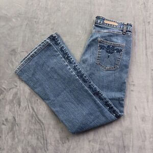 Y2K Cos Jeans Womens Blue Embroidered Rhinestone Bootcut Stretch Denim Size 8
